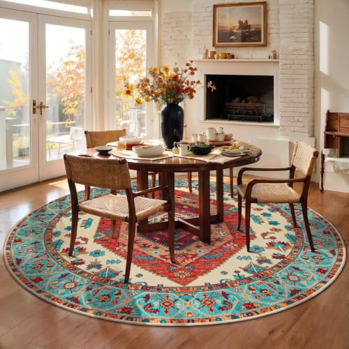 6ft Washable Non Slip Round Boho Area Rug for Bedroom (Orange/Multi / 6' (Round))
