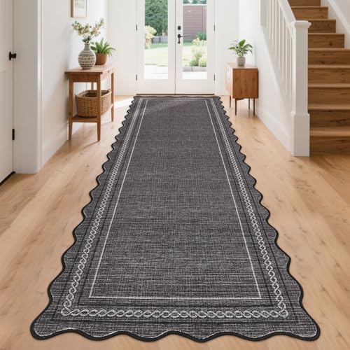 Scalloped Washable Rug 2x10 Kitchen Runner Non Slip (Charcoal / 2' x 10' (Runner))