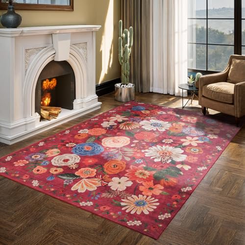 Floral Machine Washable 6x9 Area Rugs (Red / 6' x 9' (Rectangular))