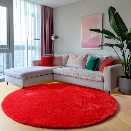 Red Round Rugs 5ft for Bedroom Living Room (Red / 5' (Round))