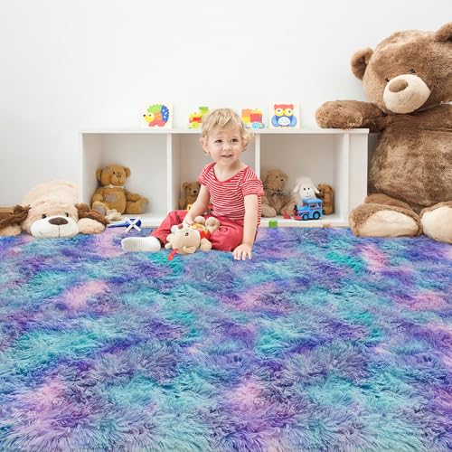 Tie Dye Purple Rainbow Soft Shaggy Fluffy Rug for Living Room 6x9ft Anti (Tie-dyed Purple Rainbow / 6' x 9' (Rectangular))