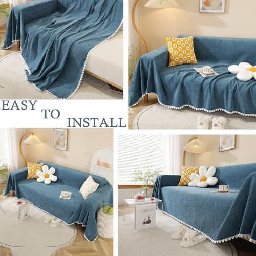 Blue Sectional Couch Covers Easy Fitted Sofa Covers for 3 Cushion Couch Universal Chenille Sofa Cover Durable Furniture Protector with Floral Lace Bottom for Kids Dogs Pets (71" x 150" / Daisy:blue)