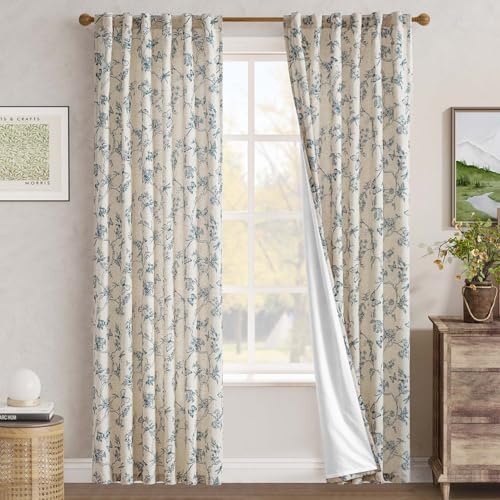 Blue Floral Linen Curtains Lined 84 Inch Vintage Back Tab 2 Panels (Charlotte Blue / 50"W x 84"L (Pack of 2))
