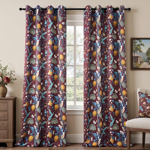 Rust Floral Curtains 96 Inches Long 2 Panels Unique Beige Luxury Elegant Colorful Euro Flower Hummingbird Patterned Rustic Vintage Grommet Drapes for Classroom Room Office Closet (Rust / 52"W x 96"L (Pack of 2))