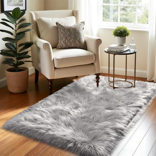 Soft Fluffy Faux Fur Rugs for Bedroom Bedside Rug 2x4 Feet (Grey / 2' x 4' (Runner))