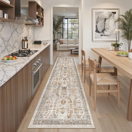 Kitchen Runner Rug 2x7 with Rubber Backing Non Slip (Brown/Gold / 2' x 7' (Runner))