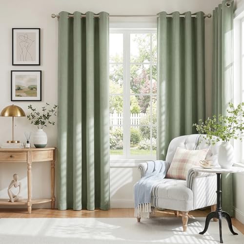 100% Blackout Linen Curtains 96 Inch Long 2 Panels Set (Eden | Sage Green / 50"W x 96"L (Pack of 2))