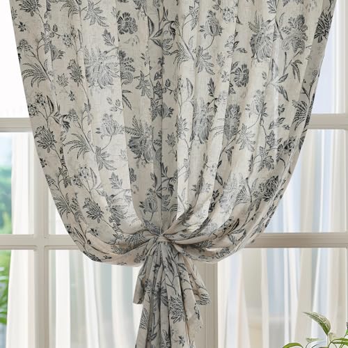 Black Floral Linen Curtains 63 Inch Vintage Back Tab 2 Panels (*Jacobean Black / 50"W x 63"L (Pack of 2))