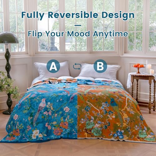 Boho Throw Blanket 50"x60" 100% Cotton Floral Bird Throw for Couch (Dark Blue Bird / 50"x60")