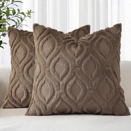 Faux Fur Plush Soft Brown Throw Pillow Covers 22x22 Set of 2 (22" x 22" (Pack of 2) / Brown)