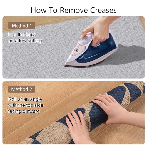 Easy Jute Kitchen Rug 2x3 Front Door Mat Washable Non Slip Entryway Rug Farmhouse Neutral Low Pil Carpet for Entryway Proch Doorway (2'*3'(Rectangular) / Blue/Checkered)