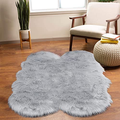 Grey Sheepskin Rug 4x6 Area Rugs Bedside Fluffy Faux Fur Rug Shag Carpets for Bedroom Living Room Playing Room Décor (4' x 6' (Sheepskin) / Grey)