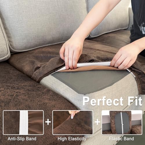Leather Look Couch Cushion Covers Sofa Seat Slipcovers Sets Couches Furniture Protector for Sectional Armchair Loveseat Pets Kids Stretch Spandex Fabric (2 Cushion Sofa / Dark Brown)