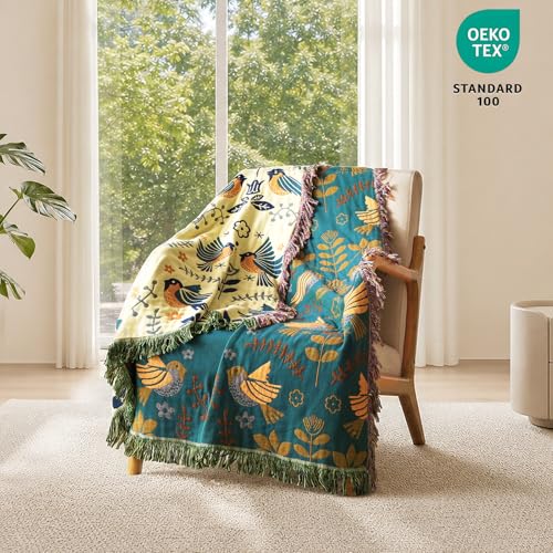 Boho Throw Blanket 60"x80" 100% Cotton Bird Quilt for Bed & Couch (A-teal Blue Bird / 60"x80")