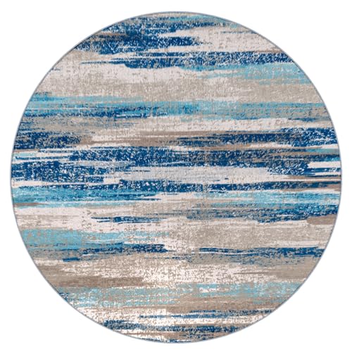 Modern Washable Abstract Small Round Rug 3ft Circle Rug for Entryway (Blue Aqua/Beige Taupe Multi / 3' (Round))