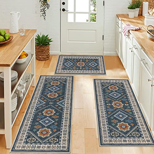 HEBE Boho Kitchen Rugs Set of 3 (Blue / 20"x32"+20"x48"+20"x59")