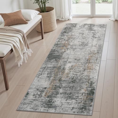 2 x 8 Hallway Runner Rug Non Slip Super Soft Long Runner Rugs Machine Washable Low Pile Modern Abstract Runners for Hallways for Bedroom Laundry Room Kitchen (Grey / 2' x 8')