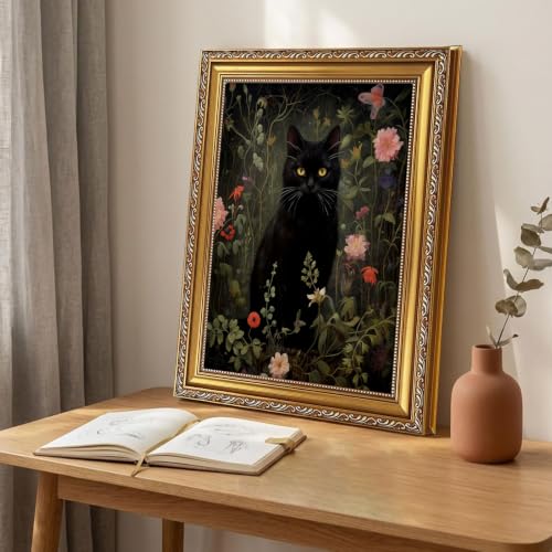 Gold Framed Moody Floral Black Cat Wall Art (Black cat / 16"L x 12"W)