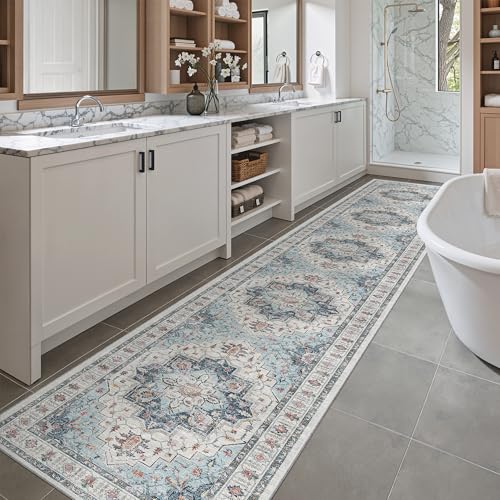 Washable Runner Rugs 2x10 Long for Hallway Kitchen (Blue / 2' x 10' (Runner))
