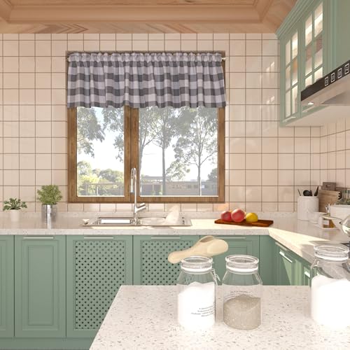 Buffalo Check Plaid Valances Gingham 1 Pack Tiers Rod Pocket Grey and White Farmhouse Short Curtains For Windows Treatment Decor Small Curtains Over Sink For Kitchen (54"W x 10"L (Pack of 1) / Grey and White)