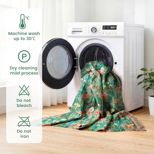 Boho Throw Blanket 50"x60" 100% Cotton Floral Blanket for Couch Bed (Flowers Green / 50"x60")