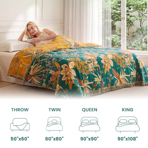 Boho Throw Blanket 60"x80" 100% Cotton Floral Muslin Blanket for Sofa (Leaves Flowers / 60"x80")
