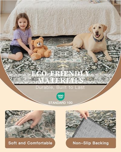 Hallway Runner Rug 2x8 Washable Kitchen Rugs (Grey Green/Black Olive / 2' x 8' (Runner))