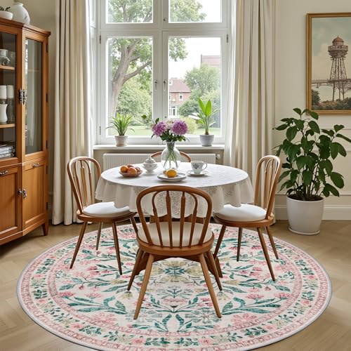 Round Area Rug Living Room (Pink/Green / 4' (Round))