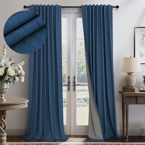 Navy Blue Curtains 108 Inches Long 2 Panel Faux Linen Nautical Modern Farmhouse Blackout Curtain for Bedroom Dining Living Room Divider Drapes Sun Heat Light Blocking Ceiling to Floor Length Dark Blue (Navy Blue / 52"W x 108"L (Pack of 2))