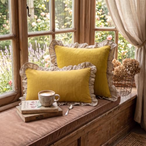 Vintage Yellow Linen Throw Pillow Covers (Coomburg Yellow / 20" x 12" (Pack of 2))