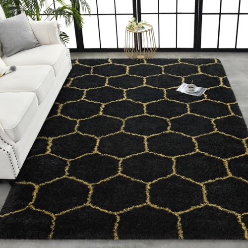 Super Soft Shaggy Rugs Fluffy Carpets (4' x 6' (Rectangular) / Black Gold)