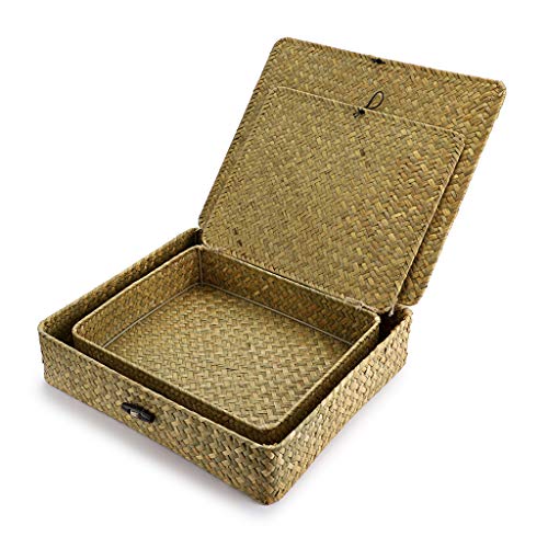 2 Packs Flat Wicker Basket Box with Lid Woven Seagrass Storage Bins (Small+Large / Natural Color)