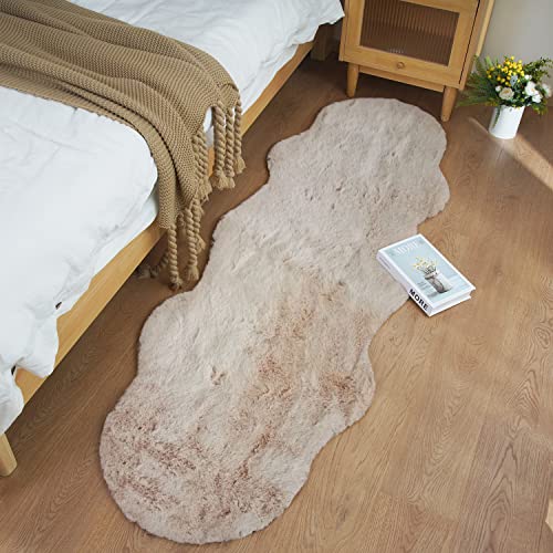Soft Faux Sheepskin Fur Rug 2x6 Light Brown Beige Fluffy Bedside Rugs Plush Rug Shag Nursery Carpet Area Rugs for Living Room Bedroom Playing Room Decor (Beige / 2*6 Sheepskin)