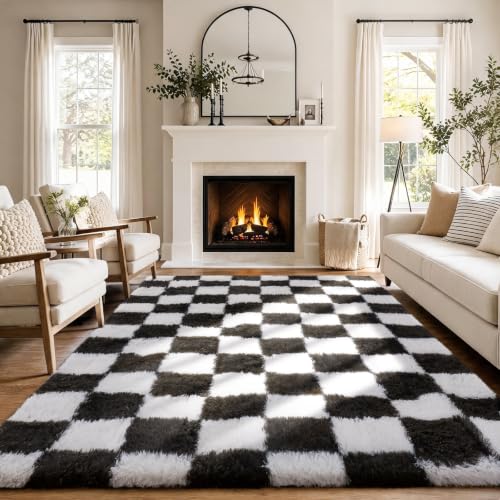 Checkered Black & White Rug for Living Room Bedroom (Checkered Black & White / 4' x 6' (Rectangular))