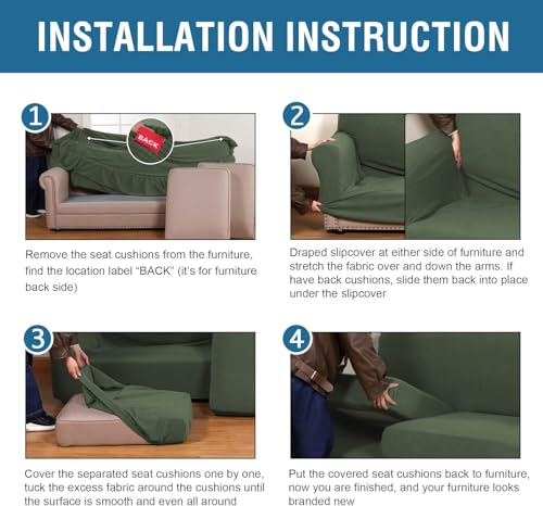 4 Piece Stretch Sofa Covers for 3 Cushion Couch Covers for Living Room Furniture Slipcovers (Large Plus / Bronze Green)