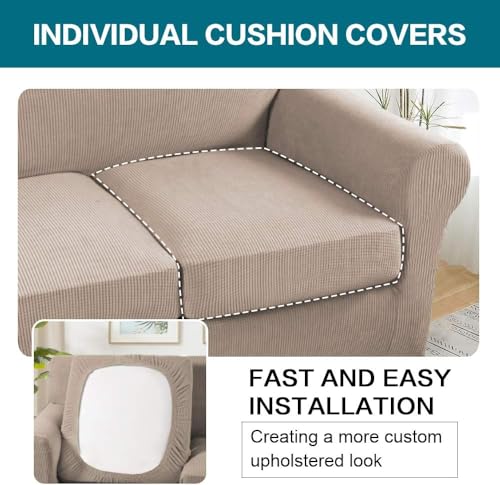 4 Piece Sofa Covers for 3 Cushion Couch Sofa Slipcover Soft Couch Cover for Dogs Washable Furniture Cover with 3 Individual Large Cushion Covers Feature Fabric (L Sofa (3 Cushion) / Sand)