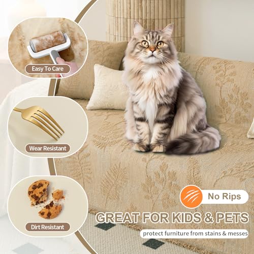 Washable Couch Covers for Sofa Boho Couch Covers for 3 Cushion Sofa Pet Friendly Camel Chenille Jacquard Couch Protector for Dogs Plant Branch Sectional Cover Sofa Slipcovers (71" x 134" / U: Camel)