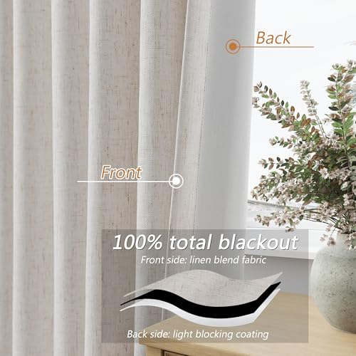 Light Beige Linen 100% Blackout Curtains 96 Inches Long Floor to Ceiling Drapes for Bedroom (Light Beige / 52"W x 96"L (Pack of 2))