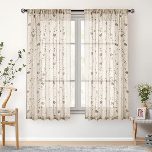 Taupe Sheer Curtains 63 Inches Length 2 Panels Beige Embroidered Floral Pattern Semi Sheer Window Curtains for Bedroom Living Room (52"W x 63"L (Pack of 2) / Taupe/Beige)