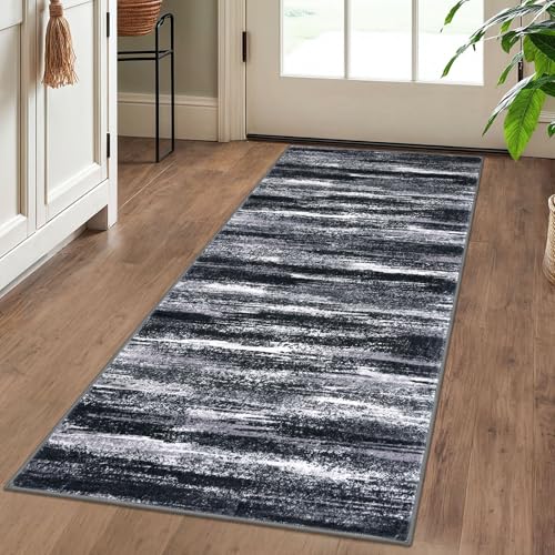 Modern Abstract 2x5 Runner Rug Non Slip Washable Kitchen Rugs (Black Grey White / 2' x 5' (Runner))