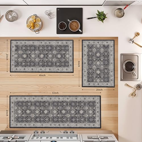 Washable 4 Piece Kitchen Floor Mats (2x3+2x4+2x5+2x6 / Black/Navy)
