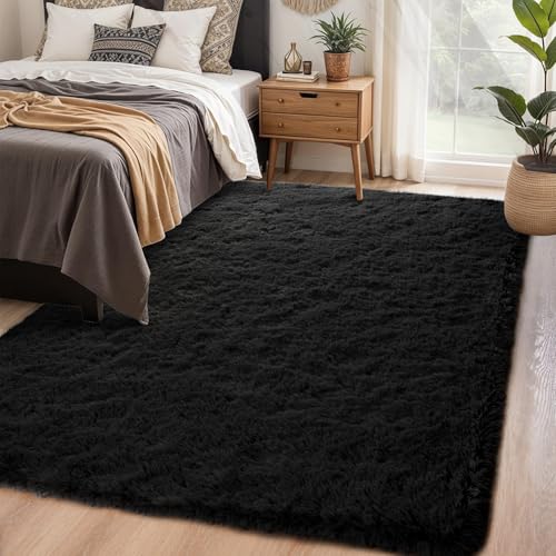 Soft Runner Rug for Bedroom Living Room Plush Fluffy Rugs 5x7 (Black / 5' x 7' (Rectangular))