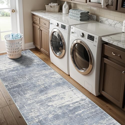 Hallway 2x10 Washable Runner Rug (2' x 10' (Rectangular) / Blue/Ivory)