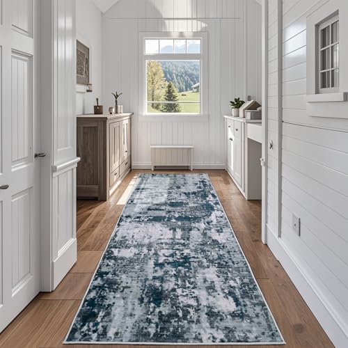 Runner Rugs for Hallways Kitchen 2.6x8 Non Slip Washable Navy Grey (Navy/Grey / 2'6" x 8' (Rectangular))