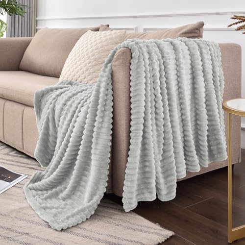 3D Ribbed Light Grey Fleece Throw Blanket for Couch (Light Grey / Throw(50"x60"))