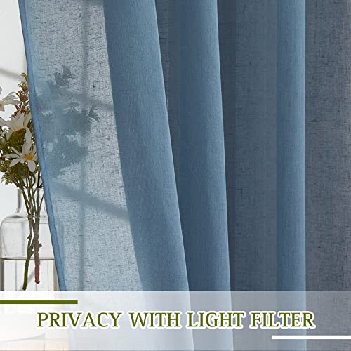 Flax Linen Sheer Curtains for Living Room (52"W x 84"L (Pack of 2) / Stone Blue)