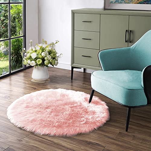 Round Pink Faux Sheepskin Fur Rug Circle Rugs 4ft Soft Fluffy Rugs for Bedroom Girls Living Room Rug for Dorm Floor Luxury Home Decor (4' (Round) / Pink)