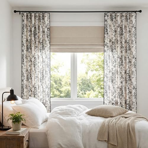 Vintage Floral Linen Curtains 90 Long for Living Room 2 Panels (Black / 50"W x 90"L (Pack of 2))