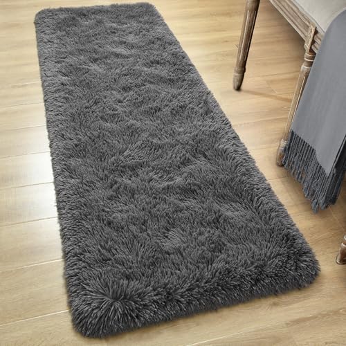 Fluffy Runner Rugs for Bedroom Aesthetic 2x6 Shag Soft Bedside Rug (Dark Grey / 2' X 6' (Runner))