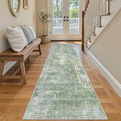 Runner Rug 2'6"x8' Kitchen Hallway Runners Abstract Green (Green/Ivory / 2'6" x 8' (Runner))